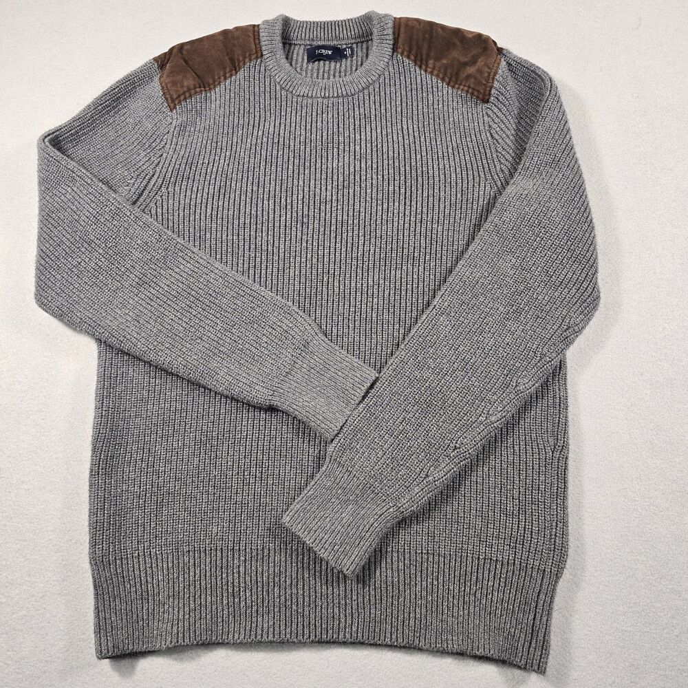 J.Crew Men's Medium Gray Pullover Taupe Knit Sweater With Suede Shoulder Pads